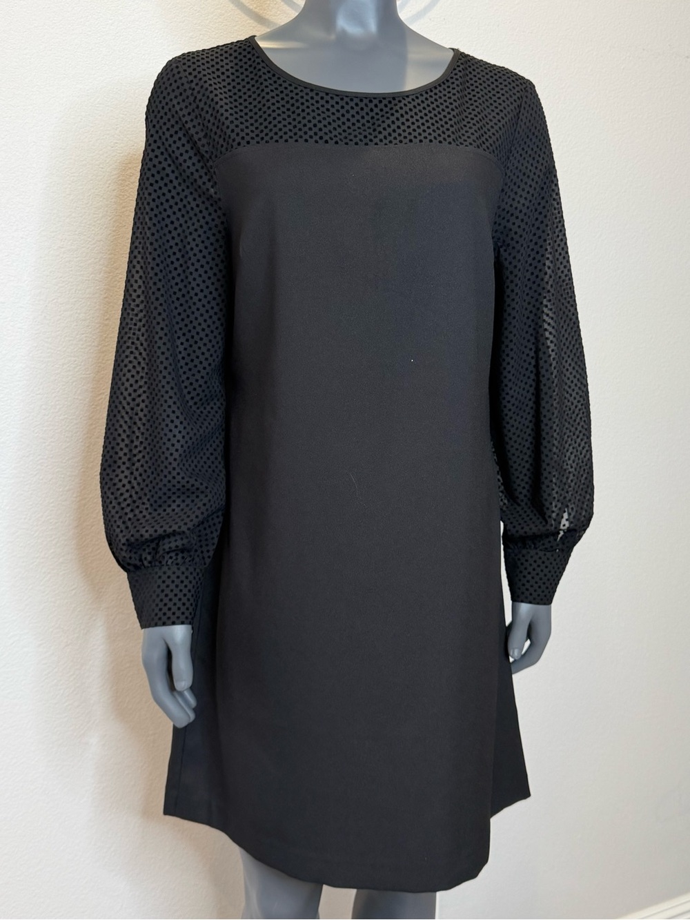 Banana Republic Black Balloon Sleeve Shift Dress Swiss Dot Mesh Yoke Size 14 NWT